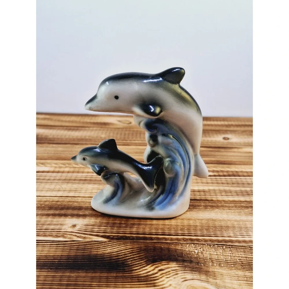 Vintage Miniature Dolphin Set Of 2 Porcelain Figurine‎